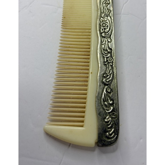 Vintage Ornate Metal & Ivory Plastic Hair Comb Floral Design Vanity Grooming - Picture 2 of 5